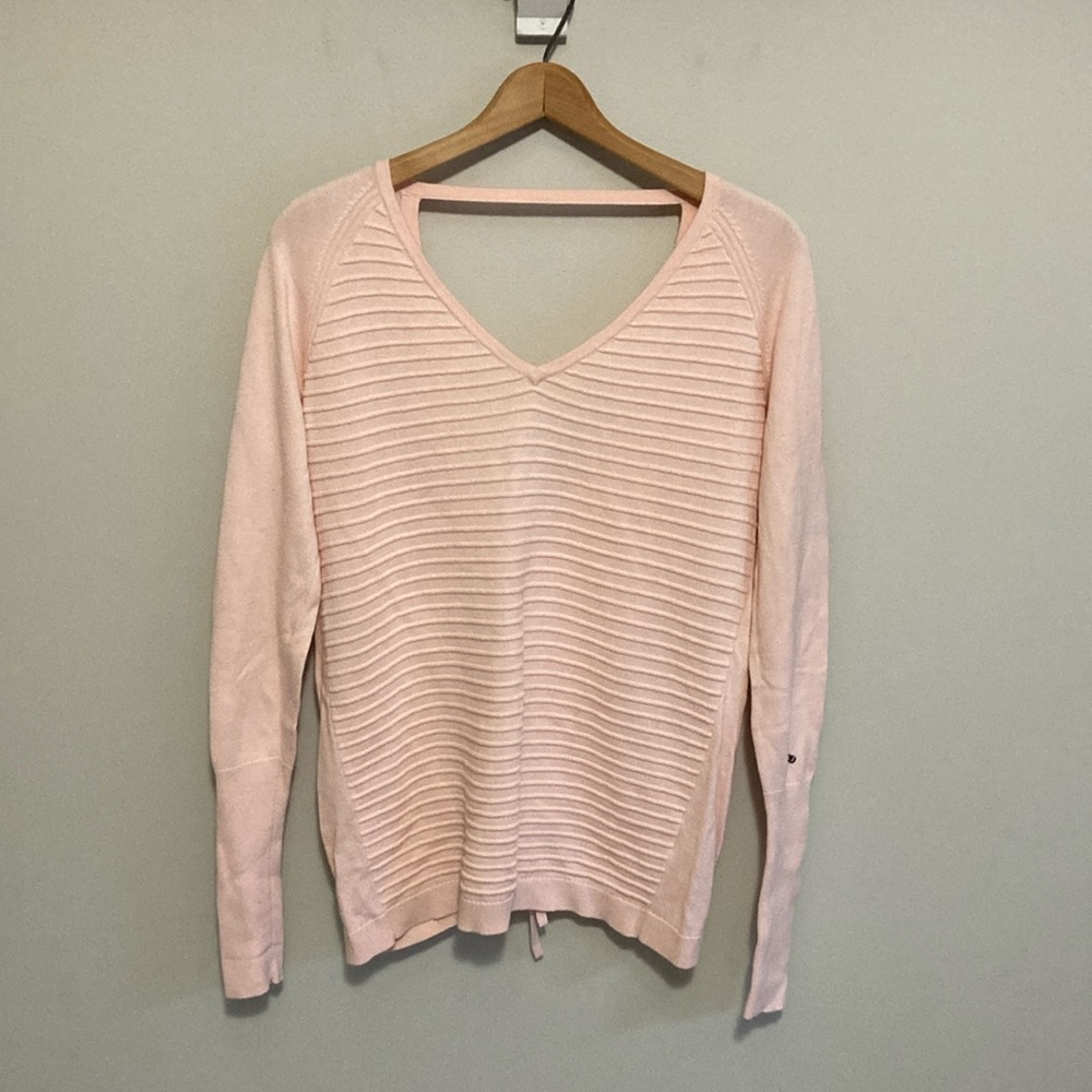Calia Light Pink Ribbed V-Neck Sweater, gathered in back long sleeve size medium